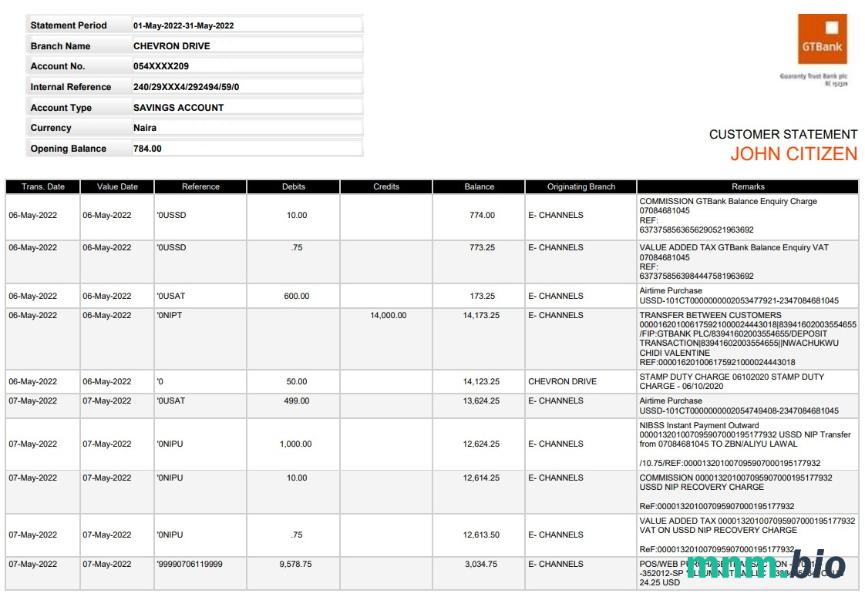Nigeria GTBank dowód adresu szablon wyciągu bankowego w formacie Word i PDF